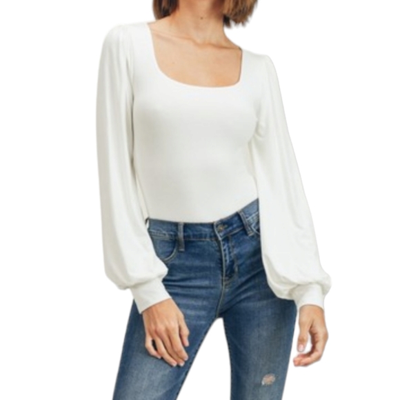 Women’s Ivory Double Layer Square Neck Puff Sleeve Bodysuit NWT - Picture 1 of 3